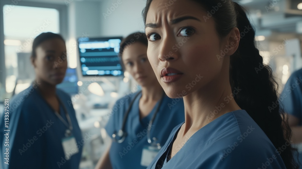Woman in a blue scrubs is looking at the camera Woman in a blue scrubs is looking at the camera