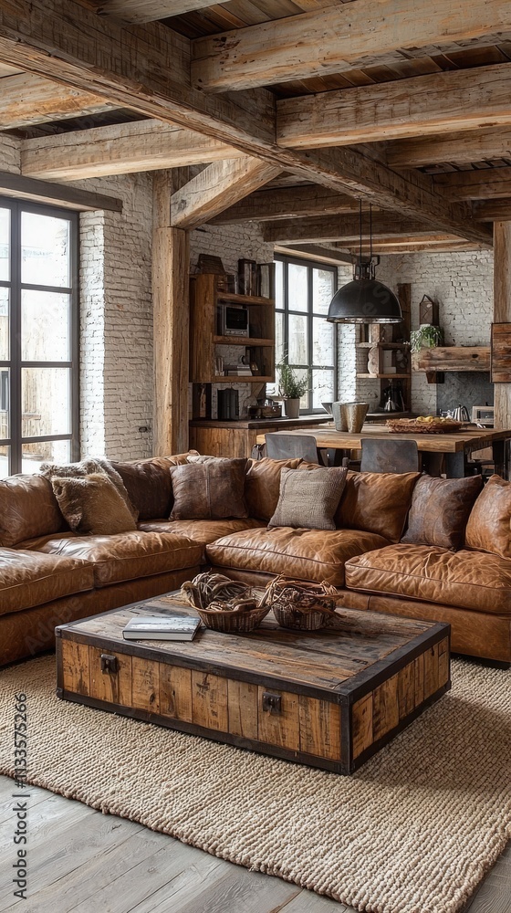 An industrial loft apartment living room with exposed brick walls, metal beams, and leather sectional sofas paired with rustic wooden coffee tables An industrial loft apartment living room with exposed brick walls, metal beams, and leather sectional sofas paired with rustic wooden coffee tables
