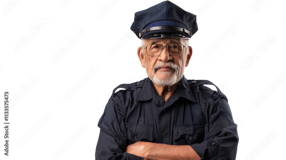 A police officer mexican senior man on white background A police officer mexican senior man on white background