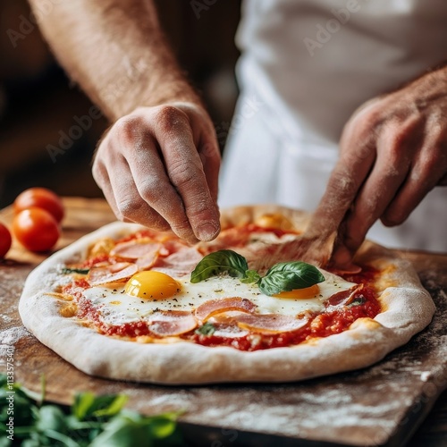 Pizza prep by chefs: quail egg. photo