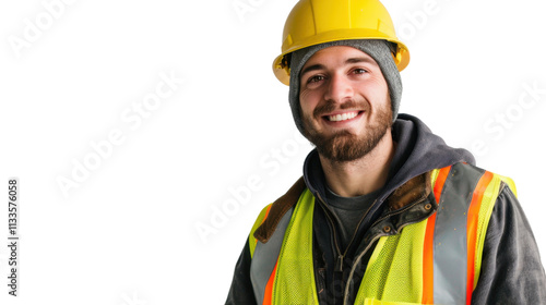 American caucasian young male engineer with safety helmet on white background 