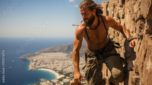 Young extreme climber on rocks against the backdrop of mountains and nature.