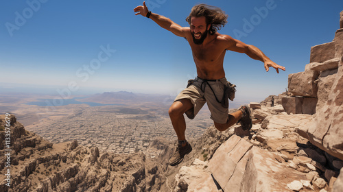 Young extreme climber on rocks against the backdrop of mountains and nature.