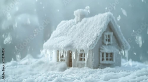 Wallpaper Mural A charming house is blanketed in a thick layer of snow, surrounded by a serene winter atmosphere with gentle snowflakes falling from the sky. Generative AI Torontodigital.ca