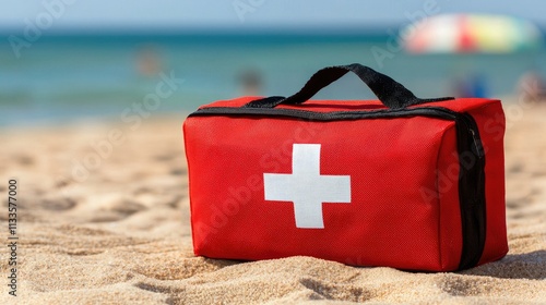 Emergency first aid kit on sandy beach summer safety gear relaxing environment beachside viewpoint health awareness