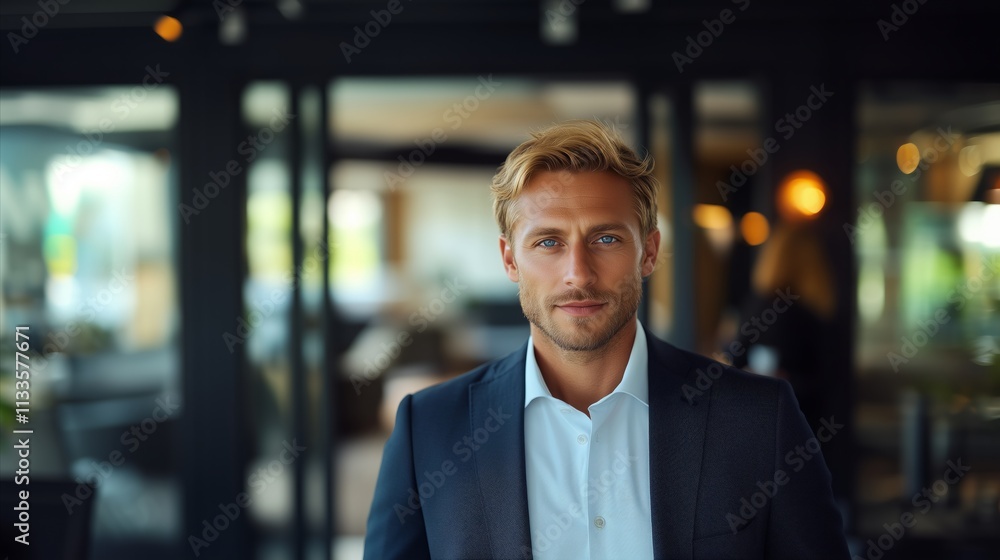 Fototapeta premium Man in a suit and tie is standing in front of a building