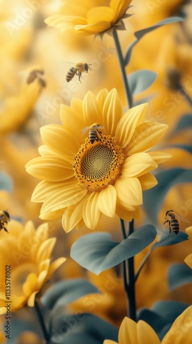 A vibrant field of sunflowers with bees pollinating, showcasing nature's beauty and harmony.