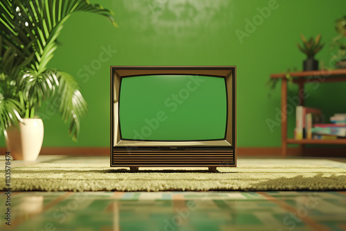 retro s living room, a nostalgic s living room with an old boxy tv glowing in chroma key green, featuring christmas tree in background and classic s decor items photo