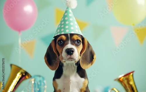 Cute Beagle puppy in mint green polka dot party hat, surrounded by party horns and sparkly decorations, innocent celebratory mood photo