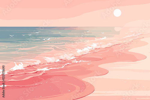 Pink ocean with waves and a sun in the sky