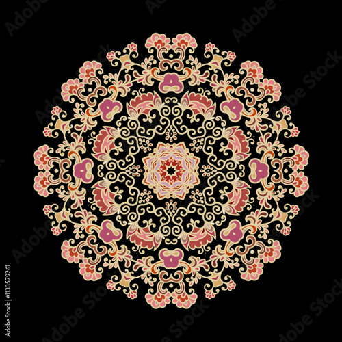  Golden red coloring decorative rosette - mandala on dark background	
