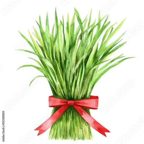 Watercolor big Fresh Wheatgrass with red ribbon Front View. Traditional Persian New Year Wheatgrass, isolated on a white background, vector Wheatgrass painting