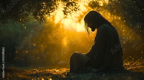 Jesus Christ Kneels in Prayer at the Garden of Gethsemane Under Olive Trees, Biblical New Testament Depiction, Copy Space