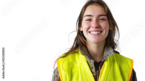 American caucasian young female engineer on white background 