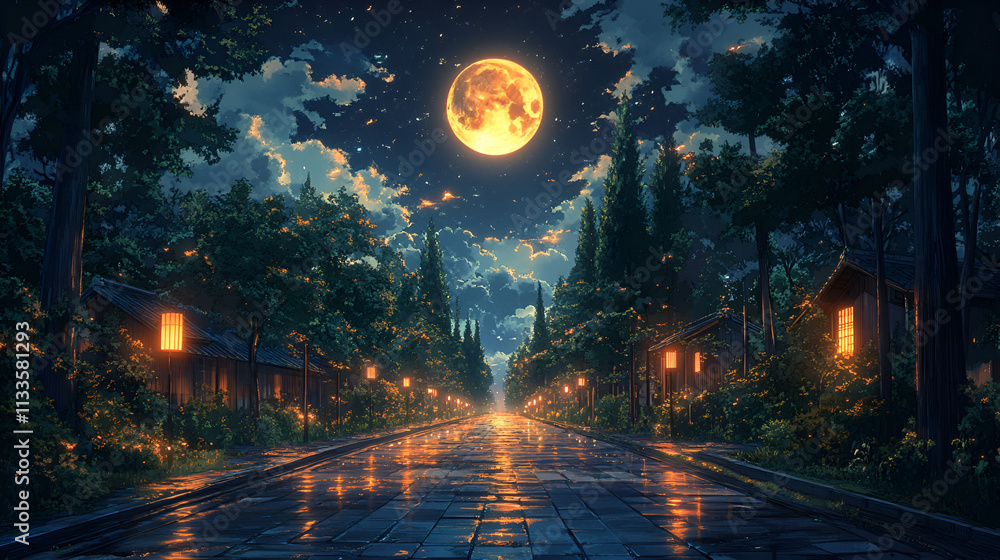 Obraz premium Night Street Scene Underneath a Large Orange Moon