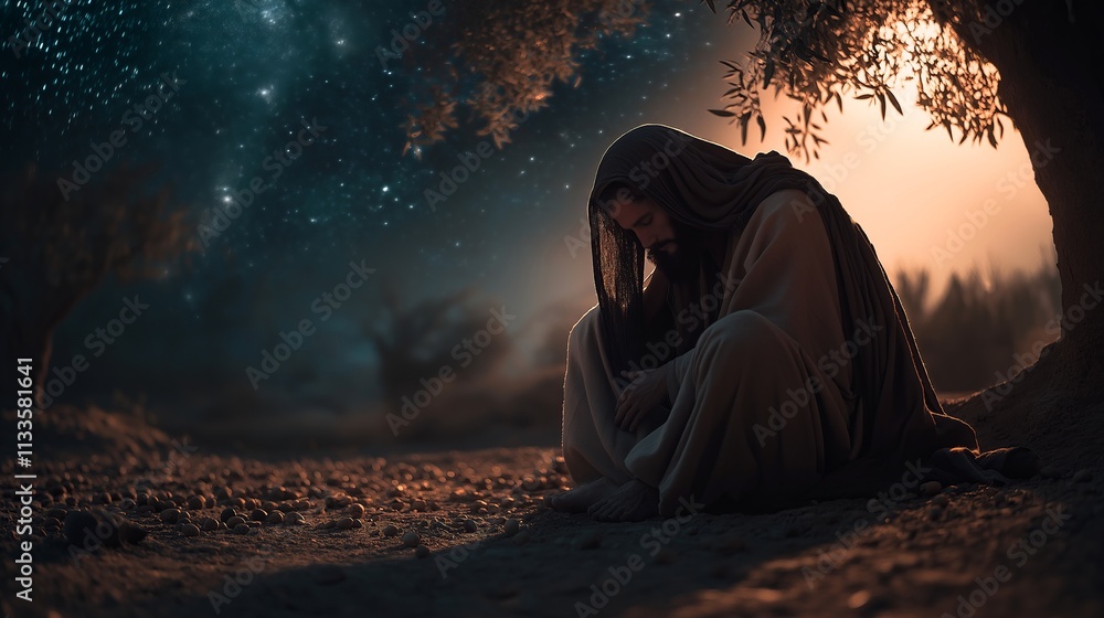 Jesus Christ Kneels in Prayer at the Garden of Gethsemane Under Olive Trees, Biblical New Testament Depiction, Copy Space Jesus Christ Kneels in Prayer at the Garden of Gethsemane Under Olive Trees, Biblical New Testament Depiction, Copy Space
