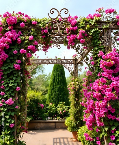 Elegant Baroque Garden Arch with Pink Flowers