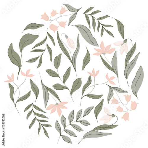 Elegant botanical round flat illustration with soft green leaves and pastel pink flowers, lilies of the valley and snowdrops. Minimalist design with a muted color palette, perfect for spring decor