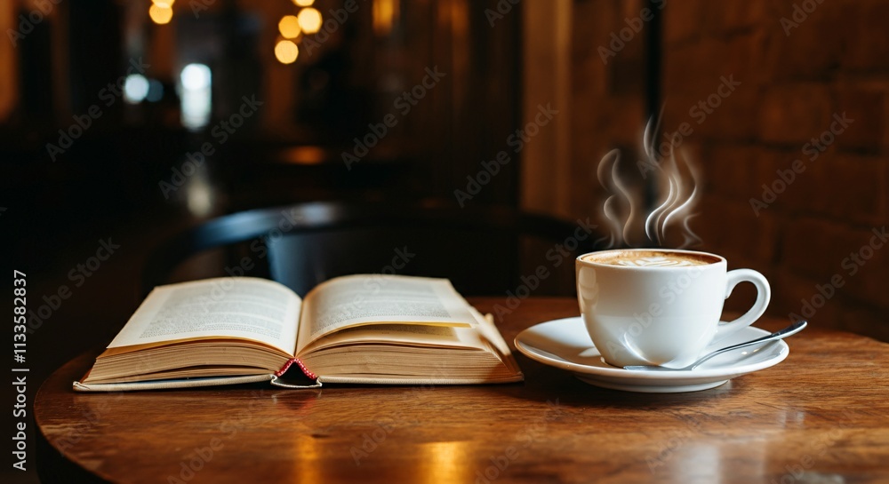 A cozy coffee shop corner with a steaming cup of coffee and an open book A cozy coffee shop corner with a steaming cup of coffee and an open book