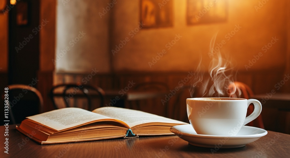 A cozy coffee shop corner with a steaming cup of coffee and an open book A cozy coffee shop corner with a steaming cup of coffee and an open book