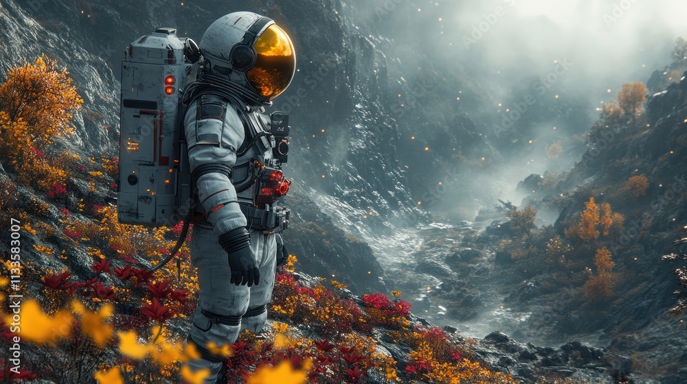 Astronaut explores alien autumnal landscape. Astronaut explores alien autumnal landscape.
