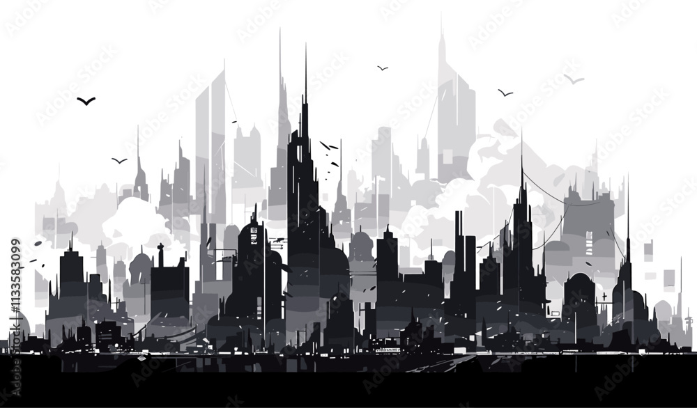 City skyline with tall buildings and a few birds flying in the sky City skyline with tall buildings and a few birds flying in the sky