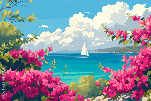 Painting of a sailboat in the ocean with pink flowers in the foreground