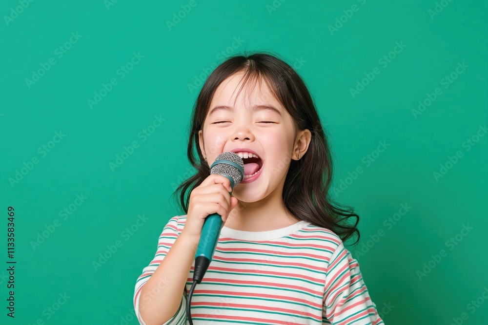 Young girl sings into microphone. Joyful, enthusiastic. Studio shot against solid green background. Adorable child performer. Photo captures child energy. Suitable for music themed content, talent Young girl sings into microphone. Joyful, enthusiastic. Studio shot against solid green background. Adorable child performer. Photo captures child energy. Suitable for music themed content, talent