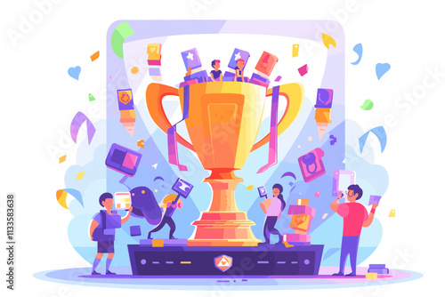 Group of people are standing around a trophy