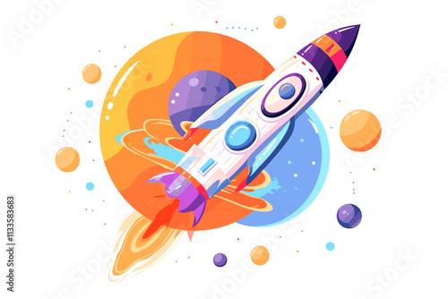 White rocket is flying through space with a red tail