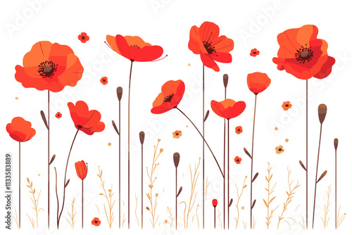Row of red flowers with yellow stems