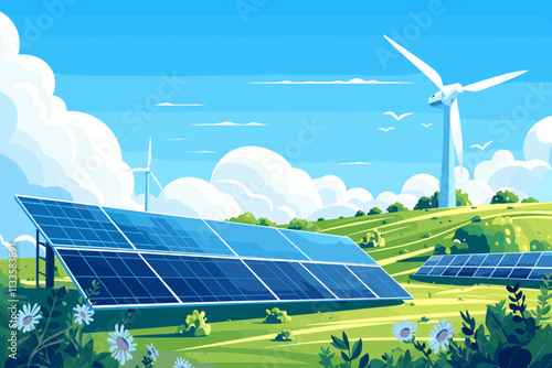 Wind farm with two wind turbines and a field of flowers