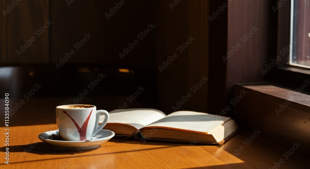 A cozy coffee shop corner with a steaming cup of coffee and an open book A cozy coffee shop corner with a steaming cup of coffee and an open book