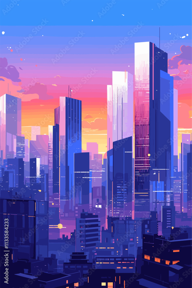 Fototapeta premium Cityscape with a sunset in the background