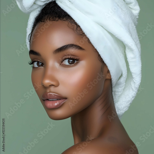 quality image of a beautiful melanin model with a white towel wrapped around her head She is at a skincare photoshoot Her skin is hydrated and radiant smooth and blem photo