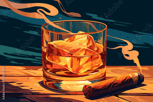 Glass of liquor with a cigar next to it. The glass is half full and the cigar is lit. flat vector illustration