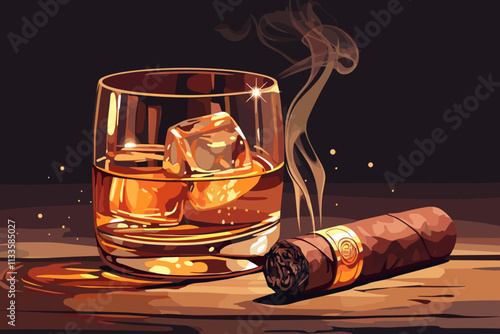 Glass of whiskey with ice cubes in it and a cigar next to it. The glass is half full and the cigar is half lit. flat vector illustration