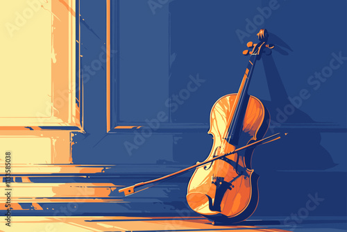 Violin is sitting on a table. The bow is attached to the violin. flat vector illustration