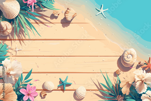 Beach scene with a wooden board and shells. The board is on the beach and has a few shells on it. flat vector illustration