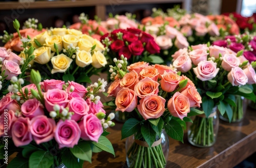 Vibrant rose bouquets displayed in a flower shop