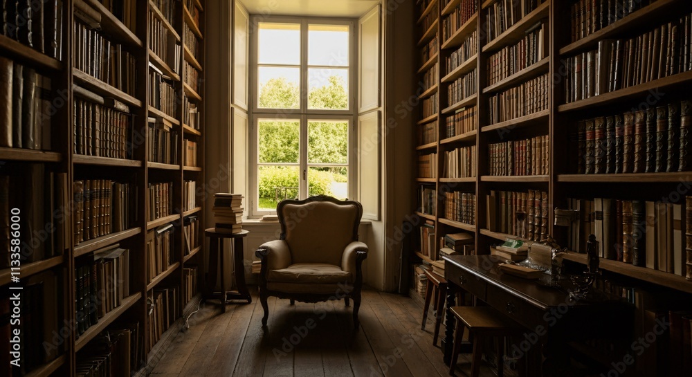 A cozy library interior with shelves full of books and a comfortable reading chair A cozy library interior with shelves full of books and a comfortable reading chair