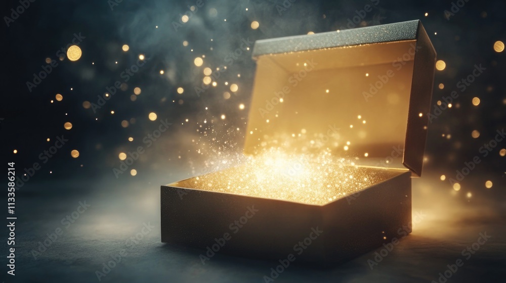 Opened magical Box with light beams and sparkles around, magical and ...