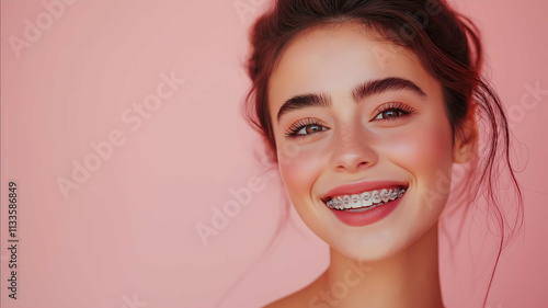 7w 35mm color portrait shot of a sophisticated woman smiling with a transparent aligner for orthodontic correction Shes looks slight away from the camera isolated ag