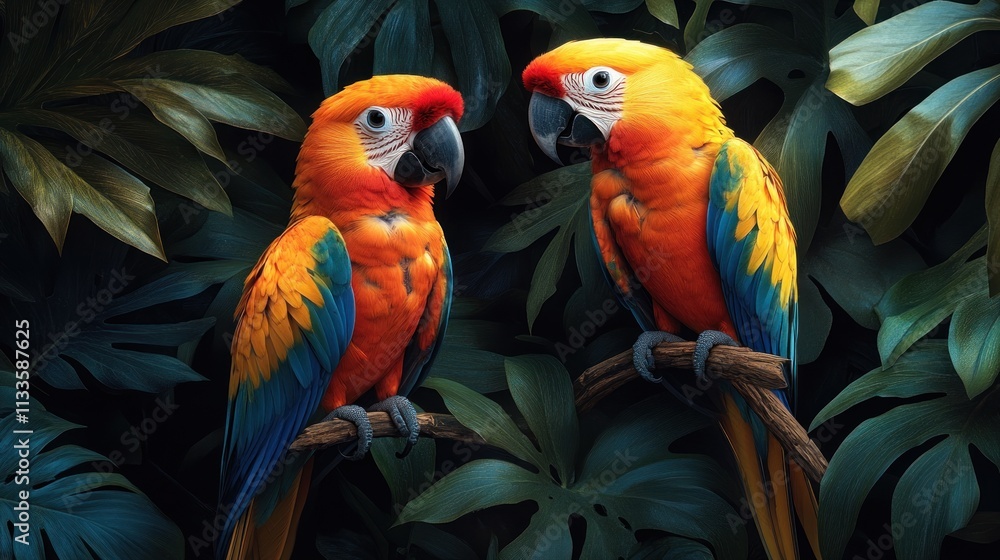 Fototapeta premium Two macaws perched on branch, lush foliage.