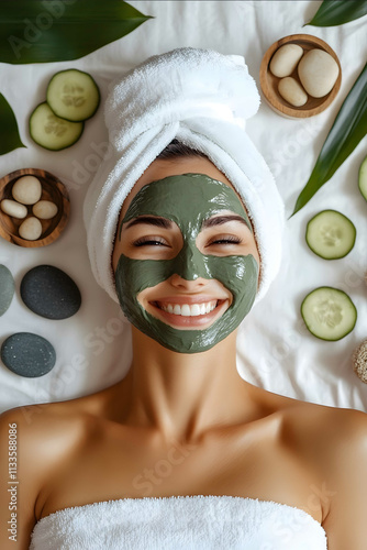 A woman in her mid30s is lying on the bed wearing a white towel wrapped around her head with a green clay mask on her face Next to her are cucumber slices spa stones photo