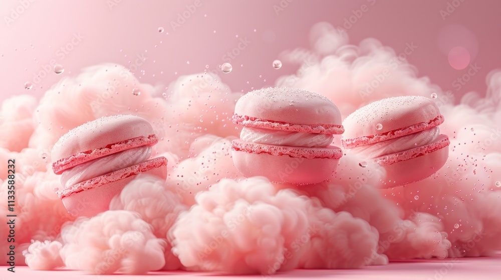 Delicate pastel pink macaron pastries surrounded by dreamy wispy cotton candy like clouds in a romantic whimsical and enchanting scene The macarons are arranged artfully showcasing their elegant Delicate pastel pink macaron pastries surrounded by dreamy wispy cotton candy like clouds in a romantic whimsical and enchanting scene The macarons are arranged artfully showcasing their elegant