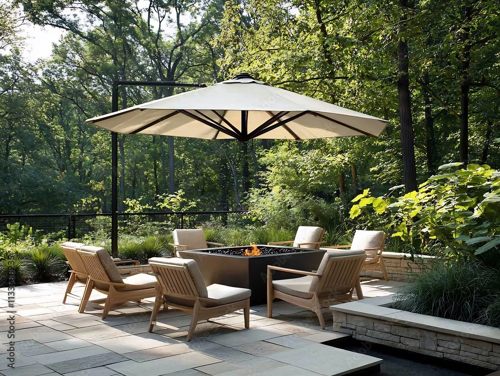 Contemporary patio sleek outdoor chairs a fire pit and planters surrounding the space all shaded by a large umbrella Contemporary patio sleek outdoor chairs a fire pit and planters surrounding the space all shaded by a large umbrella