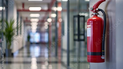 Safety equipment prominently displayed in a modern office hallway during business hours