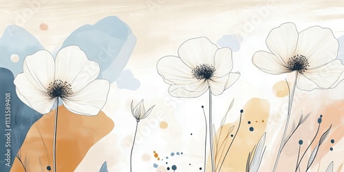 A minimalist line art wall mural featuring large, white flowers with long stems and delicate petals. The background is a soft, neutral color with abstract shapes in pink and gold. 