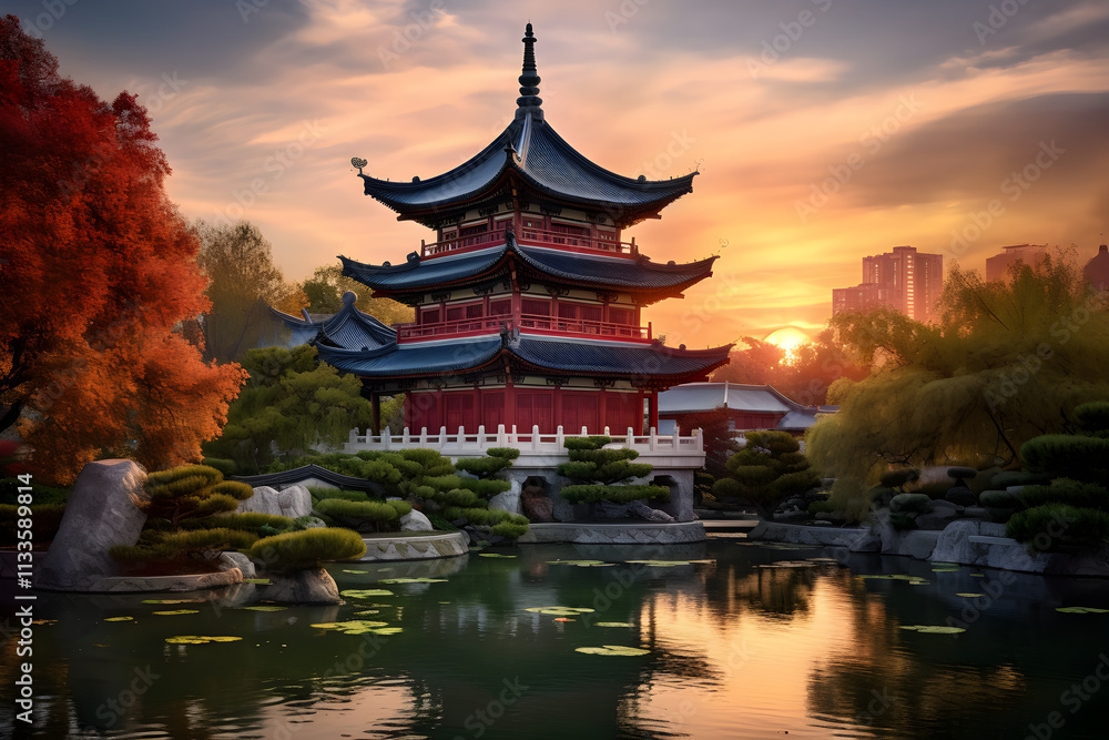 Magical Sunset Over the Ancient Asian Pagoda: A Fusion of Architecture and Nature's Splendor Magical Sunset Over the Ancient Asian Pagoda: A Fusion of Architecture and Nature's Splendor